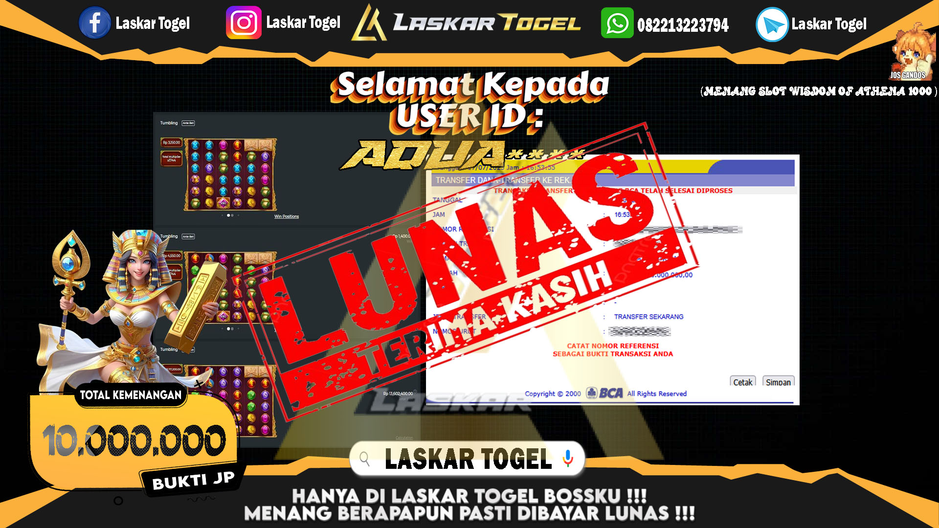 LASKARTOGEL JACKPOT SLOT WISDOM OF ATHENA 1000 Rp.10.000.000.,- LUNAS